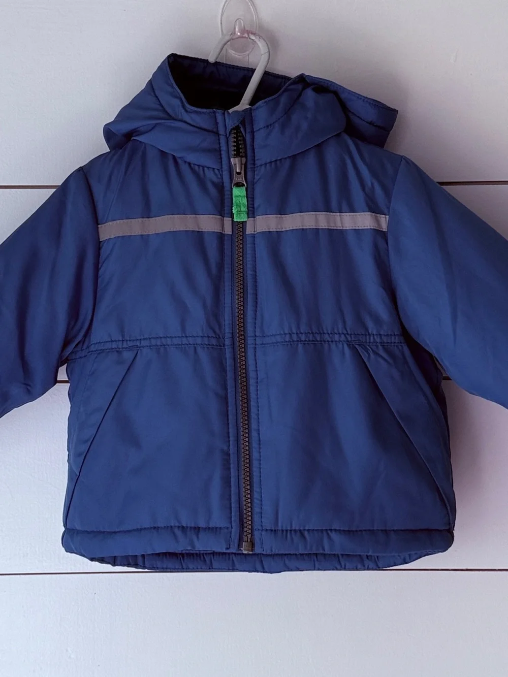 Carter's Navy Blue Hooded Puffer Jacket with Reflective Stripe Sz 12 months